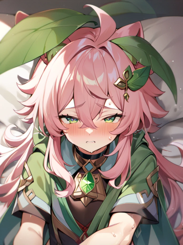 1boy, bangs, choker, gem, green cape, green eyes, green gemstone, hair between eyes, leaf, leaf hair ornament, long hair, looking at viewer, male focus, , pink hair, shirt, short sleeves, solo, upper body,ears , separate green ears, genshin clothes, funny guy , in full growth ,redness, moaning, erotic face, on the bed, sweat,writhing, cumming