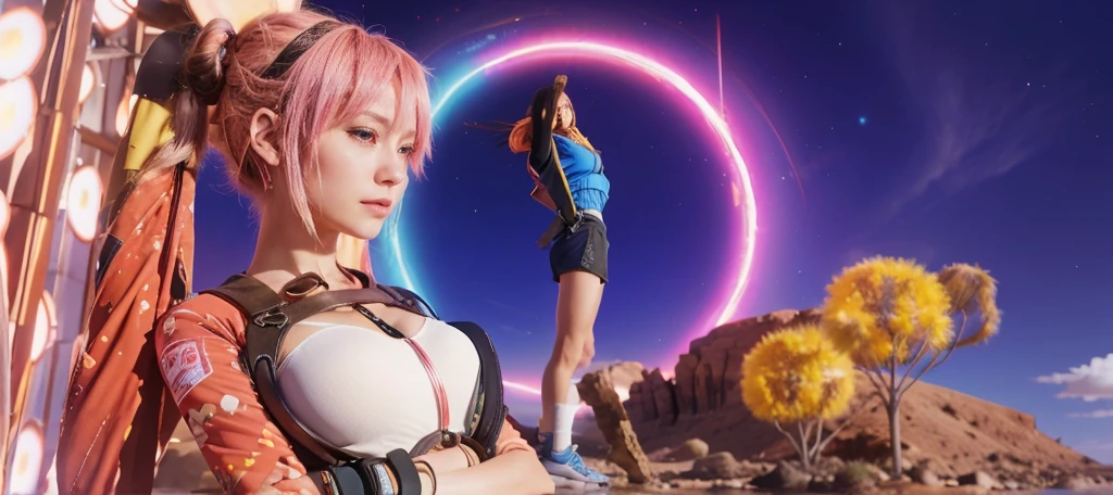 This is a colorful digital artwork of a female anime character. She is standing on a rock in a desert-like environment, with a large, glowing, circular portal behind her.