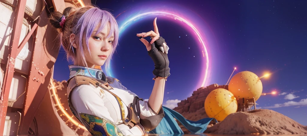 This is a colorful digital artwork of a female anime character. She is standing on a rock in a desert-like environment, with a large, glowing, circular portal behind her.