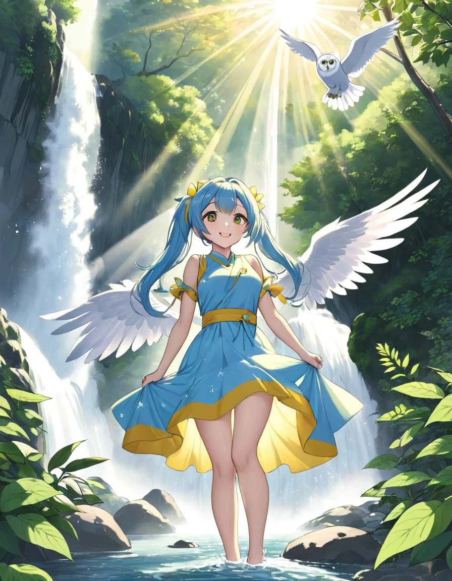 Sexy beauty,Beautiful Japanese Landscape、Big waterfall,Sunlight shines through the green leaves、Yellow half dress、Light blue long hair、Beautiful girl with twin tails、Look up at the sky、Bright smile、white owl flying
