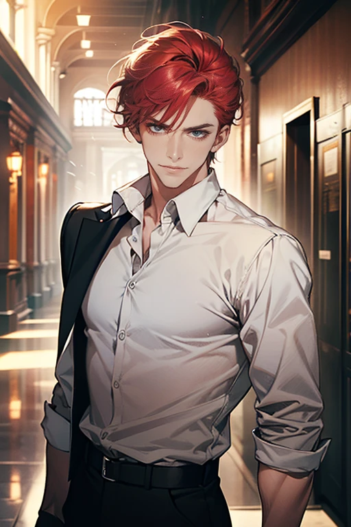 (tmasterpiece, high resolution, ultra - detailed:1.0), (1 male, masculine face), Perfect male body, tall and strong, Adult male, Delicate eyes and delicate face, Extremely detailed CG, Unity 8k wallpaper, Complicated details, Detailed face, ( short  gray red hair, serious faces, white shirts,Bad students), (frown,smile:1.3), stad in school corridor, street style, color difference, Depth of field, dramatic shadow, Ray tracing, Best quality, Cinematic lighting, offcial art,Portrait