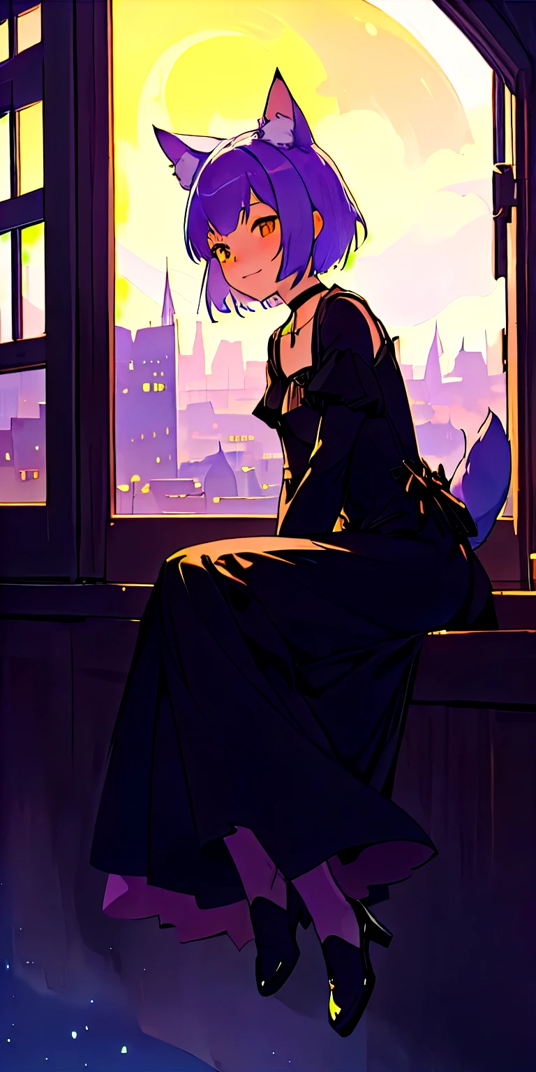 Generate a highly detailed image in fantasy anime style, a girl with short lavender hair and car ears is sitting on a windowsill, looking out of the window on the city at night time. The moon and stars are visible and bright, dreamy, fantasy vibe. There is an orange cat sitting next to the girl. The girl is wearing cute black long dress, a black choker, she does not have a tail. There is a subtle smile on girl's face. The image is highly detailed, masterpiece quality, fantasy Deviantart style.