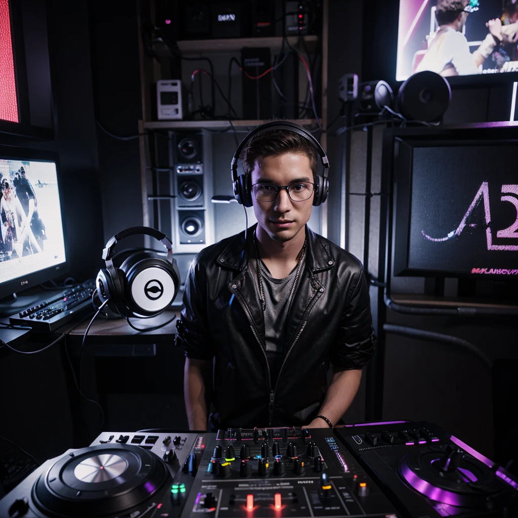 25 year old male DJ, glad, with glasses and large headphones, playing a rave.