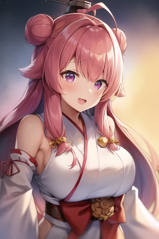 One girl, alone, Long Hair, King Kongu (Kantai Collection),Sakura Miko, Pink Hair, Double Bang, Purple eyes, Hair Bun, Ahoge, Open your mouth, Non-traditional Shrine Maiden, Removable sleeves, Brown eyes, White Background, (headgear):2, (Hair Bunド):2, smile, Sleeves edged with ribbon, Simple Background, kimono, Ribbon trim, View your viewers,  username, Upper Body, Wide sleeves, :d, King Kong