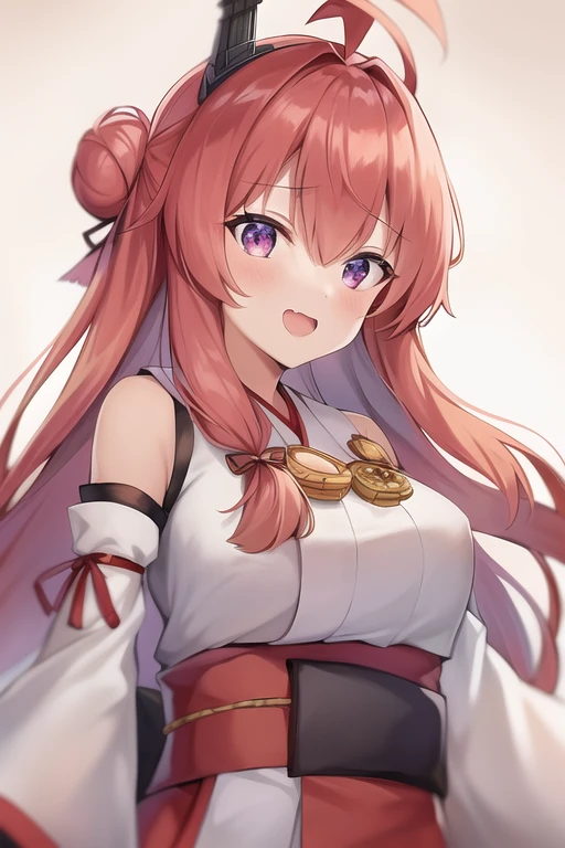 One girl, alone, Long Hair, King Kongu (Kantai Collection),Sakura Miko, Pink Hair, Double Bang, Purple eyes, Hair Bun, Ahoge, Open your mouth, Non-traditional Shrine Maiden, Removable sleeves, Brown eyes, White Background, (headgear):2, (Hair Bunド):2, smile, Sleeves edged with ribbon, Simple Background, kimono, Ribbon trim, View your viewers,  username, Upper Body, Wide sleeves, :d, King Kong