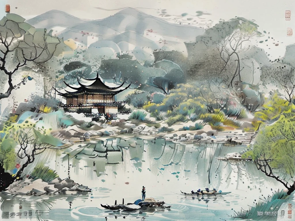 A pavilion by the water，Rich in artistic conception，Ink Painting，Chinese painting，Chinese pavilion，willow，Quiet，The plants are dense