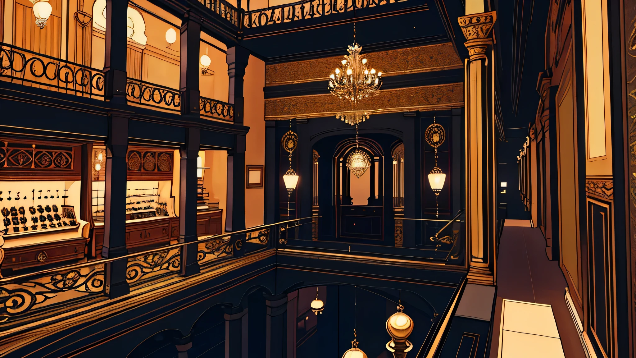 inside a jewelry store, with a balcony, black color, no humans, no persons