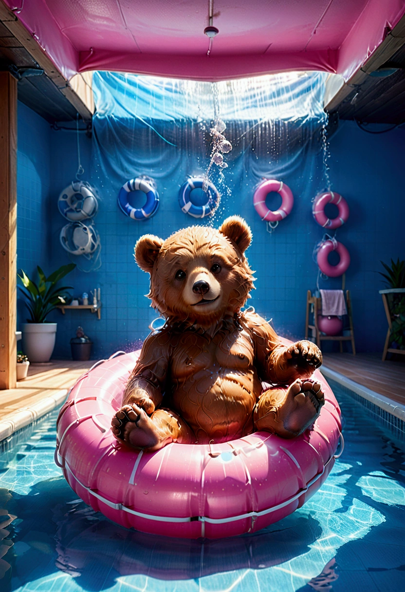 Pool , An adorable bear cub floating on its back on a pink inner tube in a swimming pool, hyperdetailed, 8k resolution concept art, cinematic, volumetric lighting, maximalist, detailed matte painting, deep color, fantastical, intricate detail, splash screen, complementary colors, fantasy concept art, 8k resolution trending on Artstation Unreal Engine 5, masterpiece, best quality, very aesthetic, absurdres