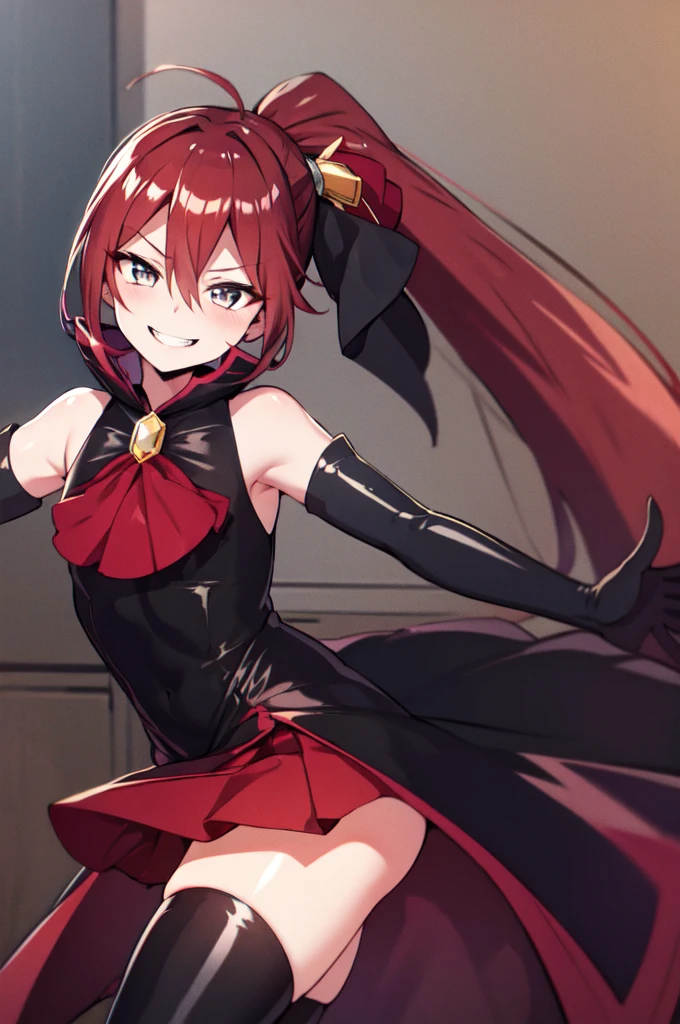 Highest quality, masterpiece, One Girl,Not beautiful, Red Ponytail, Long dress, brooch, Hair Ribbon, Black knee socks, Standing on the rubble, (Wicked Smile:1.1), ,,Dark shadowed face,Sadistic smile,Malice,Contempt,smile,latex,Bad face,,Red Skirt,two hands,two legs,five fingers,evil background,elbow gloves,latex, Wicked Smile, devilish aura (Shiny fabric:1.5),Dark world background,独奏,