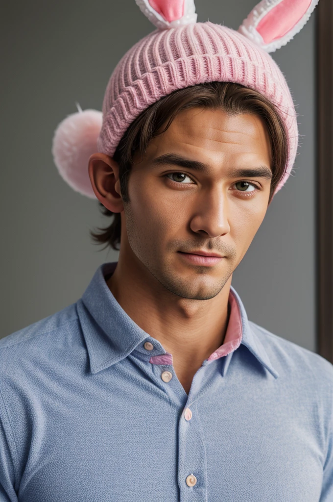 errealistic, commercial photography, realism, detail facial, intricate, Sony Dslr Alpha A7, ISO 1000,octane,8k,Man wear pink bunny hat with long ears and white pom-pom on the top,hat covers most of forehead ears, wear blue shirt with collar buttons,shirt long sleeves rolled up to elbows,man is in