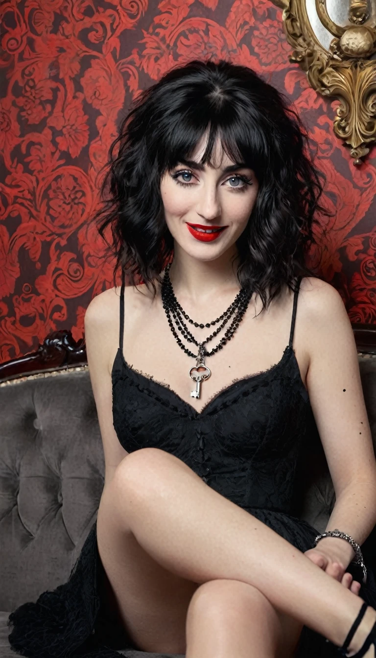 an Italian woman around 30 years old, she is very tall and has very white skin, her eyes are blue and her hair is black, her hair is short and wavy with a fringe completely covering her left eye, she has a scar on her nose and large eyelashes, she has three black dots above her right eye and three more below it, she wears a necklace with a key attached as a pendant, she wears a black gothic style dress, she is sitting on a gray sofa leaning against the wall of a room with red wallpaper and wooden floors, she wears a mechanical prosthesis on her right arm and left leg, she wears a red heel on her foot, she has a scary smile and looks as if she's going to devour you