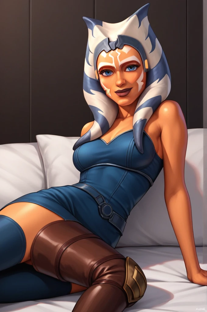 score_9, score_8_up, score_7_up, score_6_up, score_5_up, score_4_up, AhsokaTanoXL, blue eyes, tentacle hair, orange skin, colored skin, facial mark, medium breasts, blue dress, skirt, blue pants, bare shoulders, guantlets, hip armor, skirt,blue pants, brown boots, solo, lying on bed in her lingerie, nude ,seductive smile, looking at viewer, indoors 