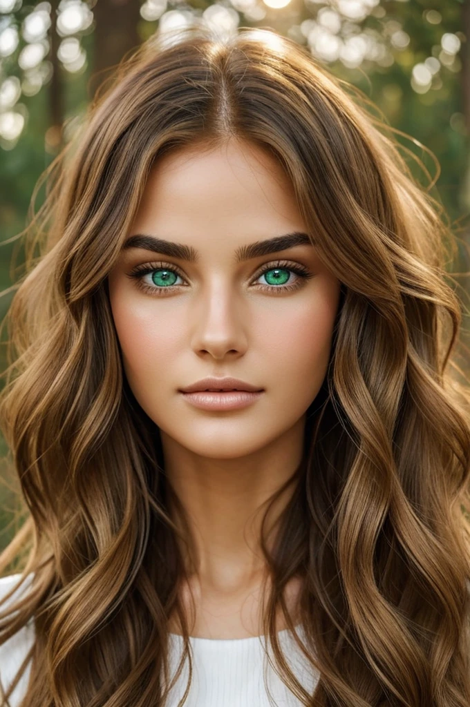 Very beautiful face of a woman with exotic features with very beautiful features with light green eyes with oval face shape with long wavy golden brown hair with full