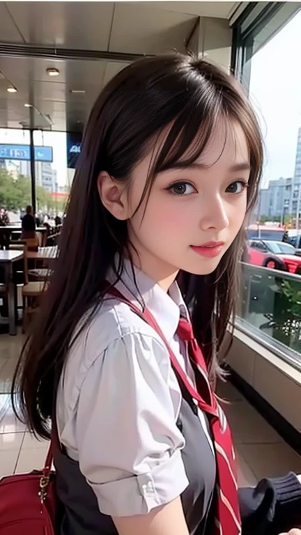 、sunlight、(8K, RAW Photos, 最high quality, masterpiece: 1.2), (Realistic, photoRealistic: 1.37), 1 A woman in a waitress uniform standing on the sidewalk, ,Age 25、 Professional Lighting, 10 head and body,Photon Mapping, , Brazilian women, Torn, 、, Incredibly beautiful face、Playmate proportions、Delivery staff、、,At a fast food restaurant,Carrying tableware、 masterpiece, 最high quality, high quality, High resolution, big , (Face close-up),working at a restaurant、Hair is tied、Updo、Please tie your hair tightly、Slicked back hair、The ultimate revealing outfit、Uncontrollable orgasm、Still not satisfied、I want a new orgasm、In search of pleasure、