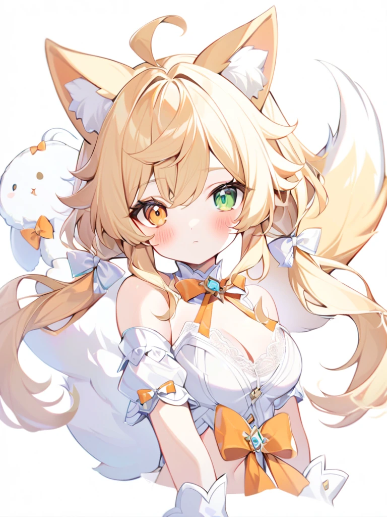 1girl, animal ears, bangs, bare shoulders, blonde hair, blush, bow, breasts, white cleavage, cropped torso, , green eyes, hair ribbon, heterochromia,  stlooking at viewer, , orange bow, orange eyes, orange ribbon, ears like an unearthly animal, fluffy tail, light tail, real tail, ribbon, solo, stuffed animal, stuffed bunny, stuffed toy, twintails, upper body, full-length, white legbands, white shoes with lace and white bows, white background, wrist cuffs, yellow eyes, bloomers, close-up, fair skin frills, lace, midriff, skirt, solo, , white background,shorts, white top with ribbon and lace and trousers,trousers, genshin,white slippers with a bow,All clothes are white, laceAt full height, it stands, в полный рост