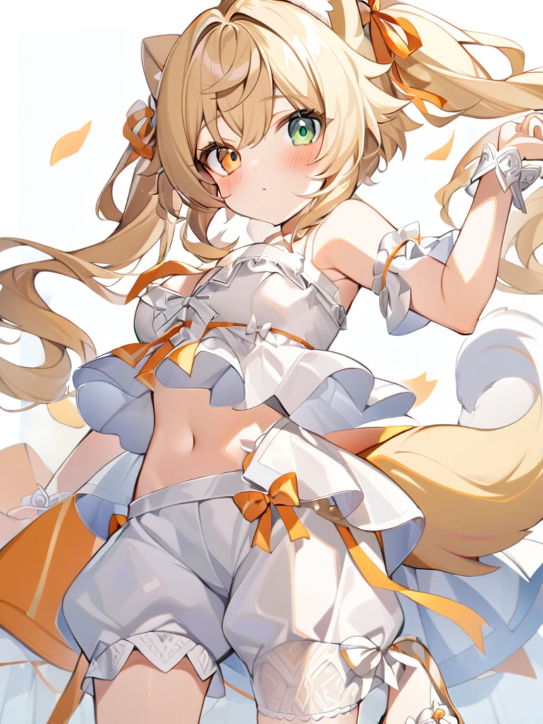 1girl, animal ears, bangs, bare shoulders, blonde hair, blush, bow, breasts, white cleavage, cropped torso, , green eyes, hair ribbon, heterochromia,  stlooking at viewer, , orange bow, orange eyes, orange ribbon, ears like an unearthly animal, fluffy tail, light tail, real tail, ribbon, solo, stuffed animal, stuffed bunny, stuffed toy, twintails, upper body, full-length, white legbands, white shoes with lace and white bows, white background, wrist cuffs, yellow eyes, bloomers, close-up, fair skin frills, lace, midriff, skirt, solo, , white background,shorts, white top with ribbon and lace and trousers,trousers, genshin,white slippers with a bow,All clothes are white, laceAt full height, it stands, в полный рост