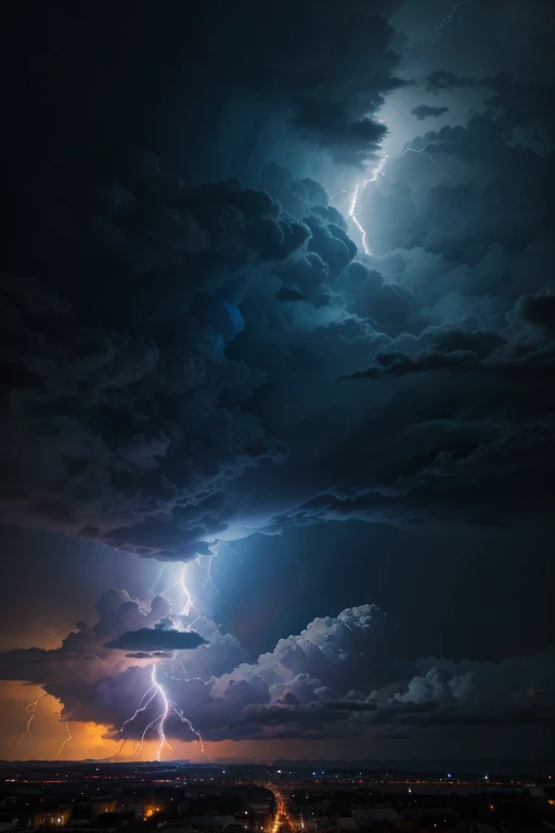Vibrant high dynamic range HDR photography of a dramatic celestial scene, set against a deep, foreboding dark blue sky with a massive, kaleidoscopic cloud as its centerpiece, illuminated by an electrical storm with lightning bolts striking in all directions, radiating intense, blindingly bright light that pierces through the darkness, casting an ethereal glow on the surrounding atmosphere, with hues of electric blue, fiery orange, and wispy purple, evoking an otherworldly, cinematic quality, as if the heavens themselves were unfolding in a spectacular display of raw power and energy.