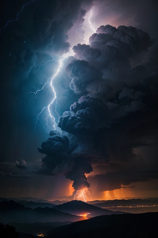 Vibrant high dynamic range HDR photography of a dramatic celestial scene, set against a deep, foreboding dark blue sky with a massive, kaleidoscopic cloud as its centerpiece, illuminated by an electrical storm with lightning bolts striking in all directions, radiating intense, blindingly bright light that pierces through the darkness, casting an ethereal glow on the surrounding atmosphere, with hues of electric blue, fiery orange, and wispy purple, evoking an otherworldly, cinematic quality, as if the heavens themselves were unfolding in a spectacular display of raw power and energy.