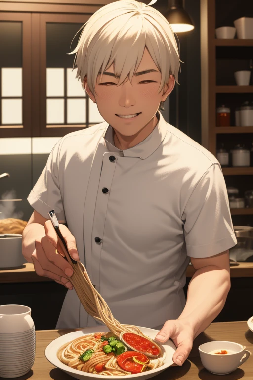 anime style, super fine illustration, highly detailed, dynamic angle, beautiful detailed, 8K, On a summer afternoon in a ramen shop, BREAK a old men ,docter , is cooking  ramen deliciously with a smile on his face. BREAK The steaming ramen and the slight sweat on his face show his satisfaction.White,masterpiece,best quality,super detailed