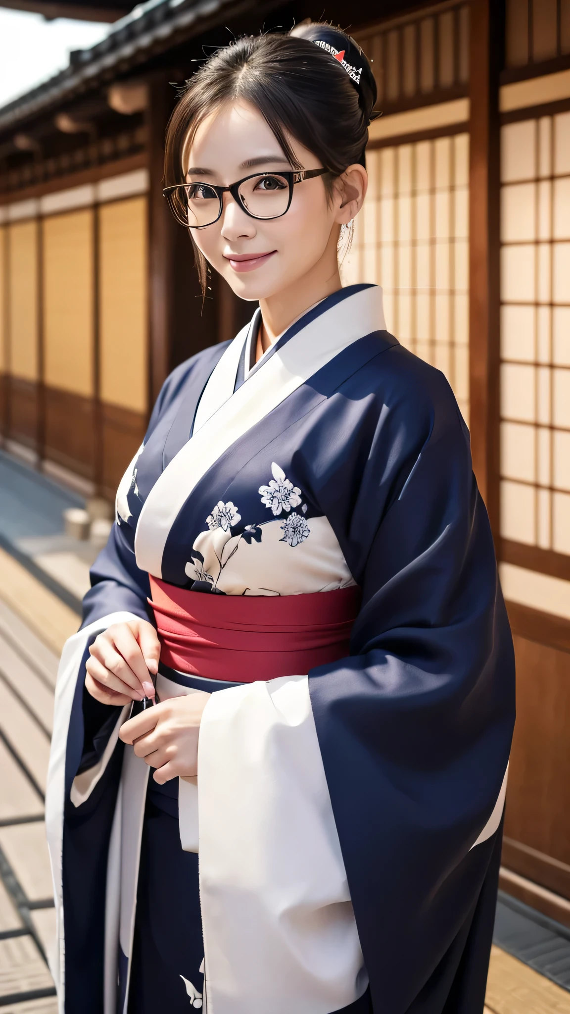 (Super beautiful woman in kimono)、((highest quality、8K masterpiece:1.3))、sharp focus:1.2、(super beautiful face:1.0)、(shiny skin:1.0)、realistic pictures、black hair、video lighting、High resolution eyes and face、video lighting、japanese actress、from the front、big breasts、with a happy smile、Slender abs beauty、whole body、wearing a kimono、in Kyoto、(((luxury obi)))、In Kyoto at night、wearing glasses with no edge、with a fan