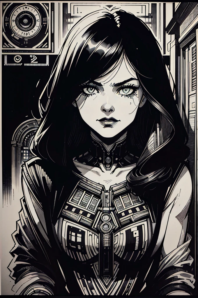 Film noir、(lora:comic-000009:1.0),(black and white)、(extremely high contrast:1.2)、(ink art_dark ink:1.2)、(old poster),1 girl in,Fashion of the 1920s、adorable,extremely detailed eye,Extra detailed face,very detailed hair,8k,resolution,mafia executives,