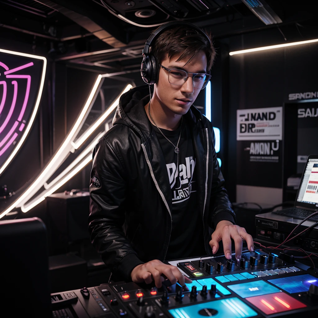 25 year old male DJ, glad, with glasses and large headphones, playing a rave.