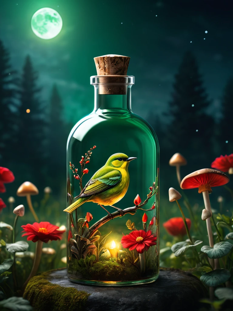 a masterpiece in a glass bottle, green and gold bird, mushroom fields, red flowers, dark and ghostly background, moon, (best quality,4k,8k,highres,masterpiece:1.2),ultra-detailed,(realistic,photorealistic,photo-realistic:1.37),HDR,UHD,studio lighting,ultra-fine painting,sharp focus,physically-based rendering,extreme detail description,professional,vivid colors,bokeh,dark fantasy,macabre,moody atmosphere,cinematic lighting