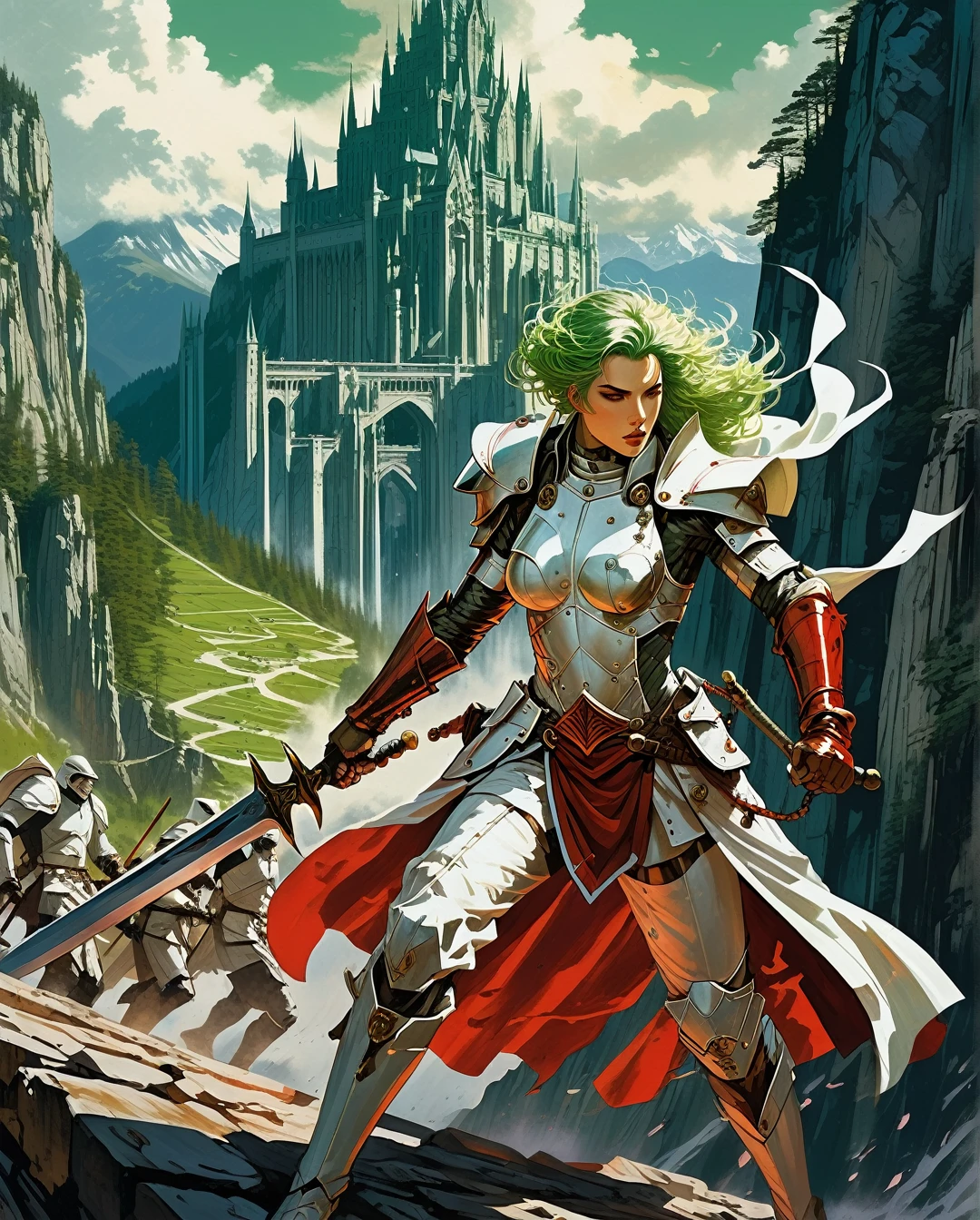 A warrior with flowing white robes and red armor guards a mountain pass.,., cyberpunk, synthwave, 1980s, futurism, brutalism, neuromancer, cinematic photo in Hogwarts, art by Masamune Shirow, art by J.C. Leyendecker,detailed hair, short hair, green hair