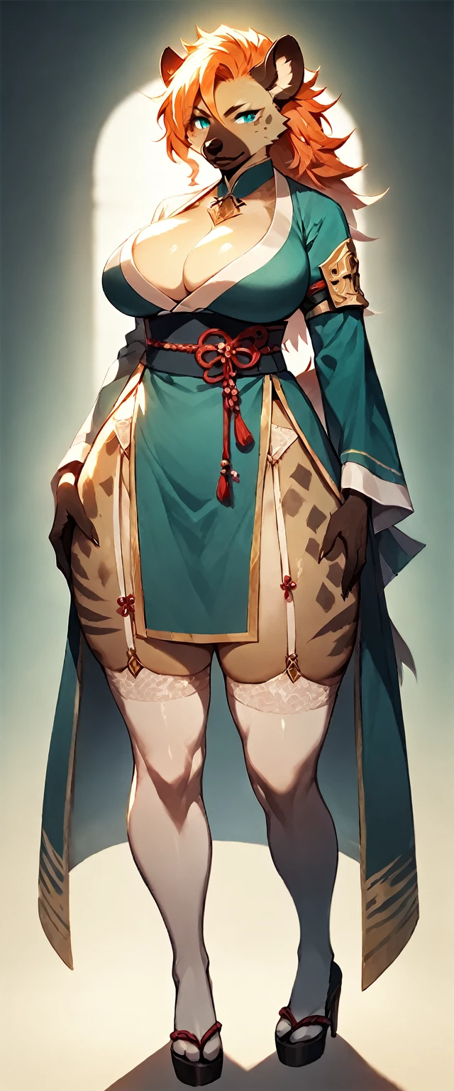 score_9, score_8_up, score_7_up, score_6_up, score_5_up, score_4_up, (solo), female anthro hyena,  samurai clothes , skirt, thigh high socks lusty, fluffy body, long blond hair, turquoise eyes, (thick thighs:1.5)((( offering the breasts))) sex partial clothes, (((cleavage))) semi-butonned uniform niform, (barely_visible_booba) (she is standing) , giant breasts, garter belt, high heels