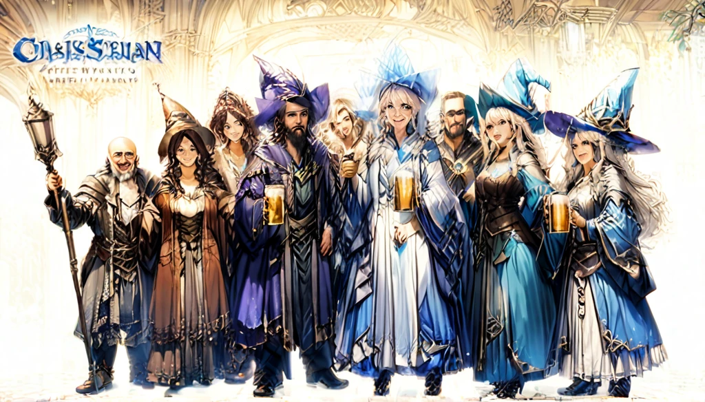 (Anime Infinite Stratus Art, 8k, ultra full high definition, epic quality, epic texture). The theme is a party in the tavern.  The setting is a medieval RPG style tavern, it is extremely detailed, it is full(1.5) of men and women of different RPG classes (knights, monks, pirates, archers, and others), (((everyone is celebrating and drinking beer))) .  The focus is a man, his name is Gozamell, he is 31 years old, he is a wizard, he is short in stature, he is bald, he has brown eyes, he has a long black beard, white skin, muscular, wide chest, wide hips, ((he wears a blue pointy wizard hat)), he wears a blue wizard robe and blue wizard pants, he is drinking beer, he has drunken features and is very happy, he is celebrating with the people in the scene, everyone likes him a lot, full body.  The atmosphere is happy, celebratory and a lot of fun.