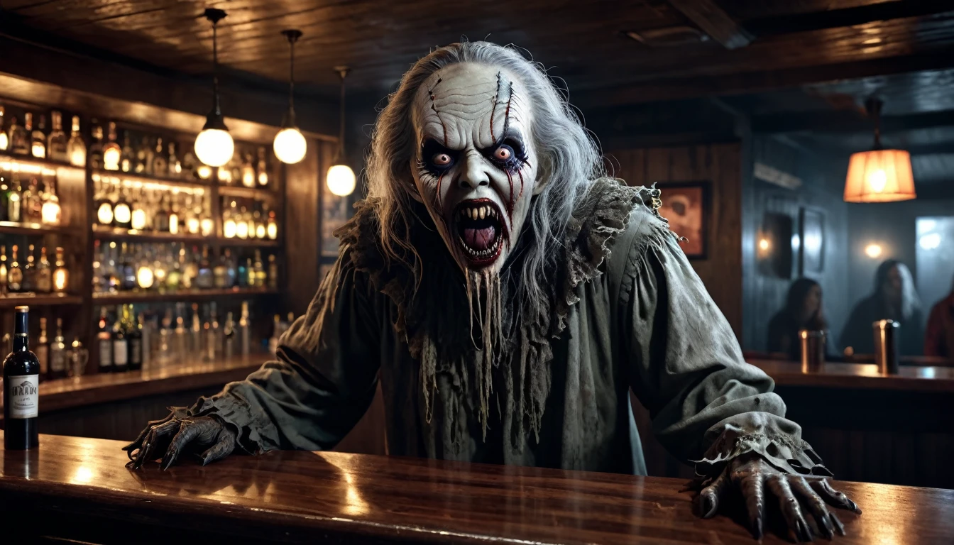 A Scary horror image standing at the bar, PICTURE REALISTIC, high resolution, 8K