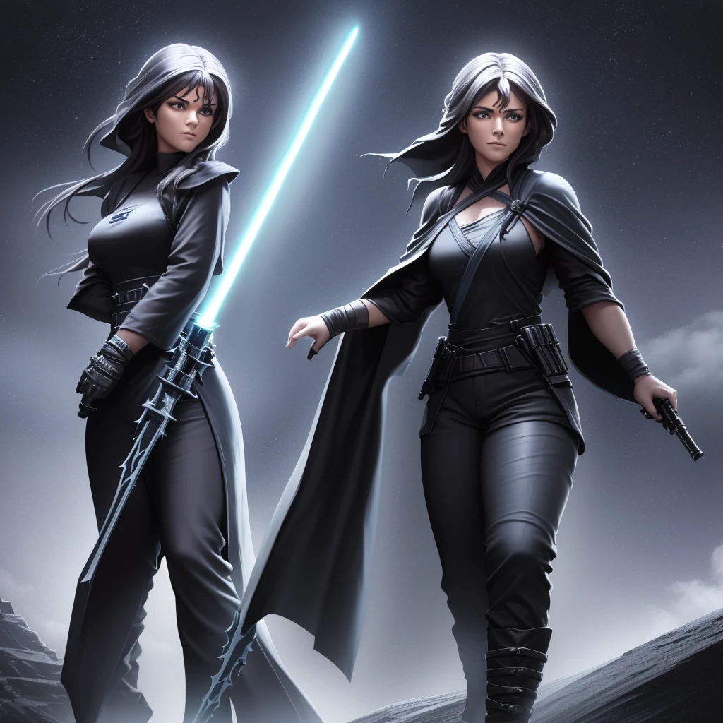 A beautiful female Jedi knight in a black robe and pants, black boots, wielding a silver hilt blue bladed lightsaber, standing under a star destroyer in the sky in the distance with tie fighters, highly detailed face and features, a detailed mechanical hand, cinematic lighting, dramatic atmosphere, rich colors, photorealistic, masterpiece