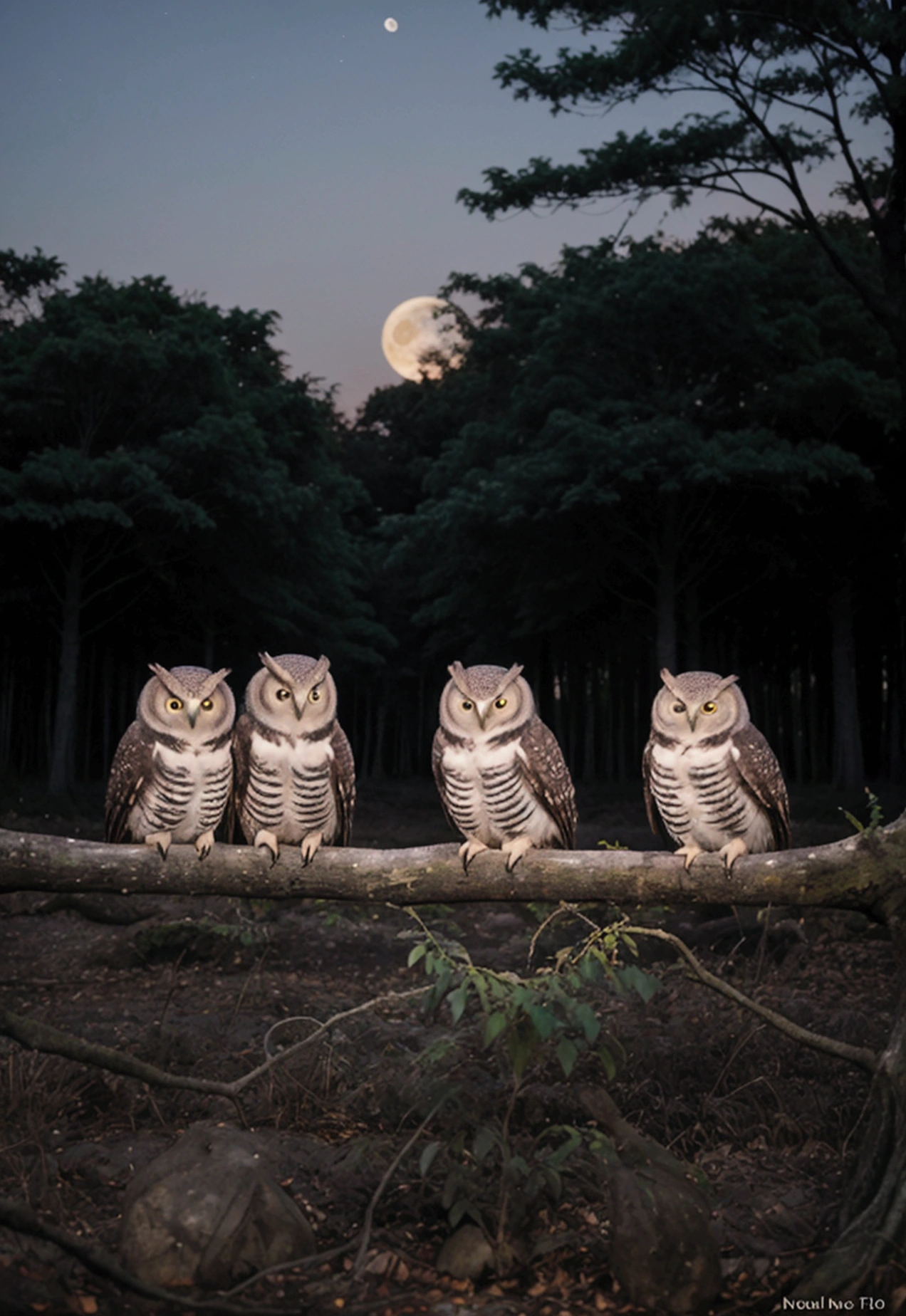 5 owls in a forest at night, with the moon in the background