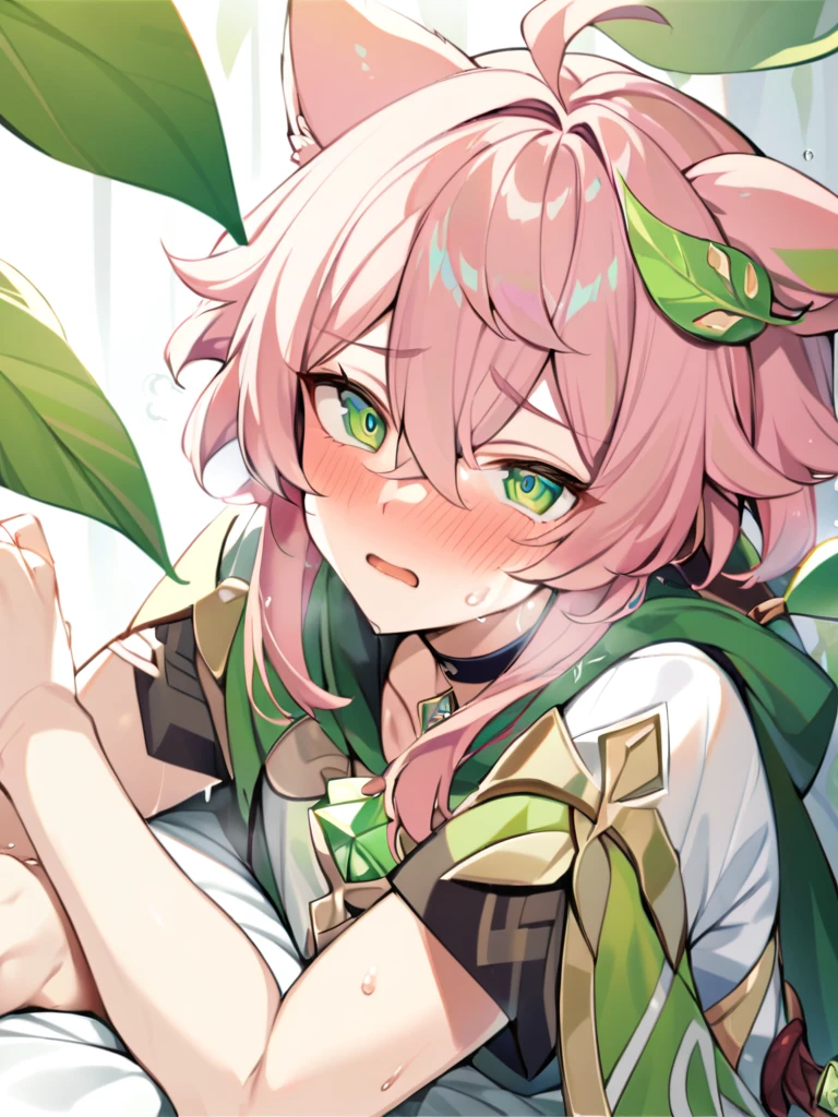 1boy, bangs, choker, gem, green cape, green eyes, green gemstone, hair between eyes, leaf, leaf hair ornament, long hair, looking at viewer, male focus, , pink hair, shirt, short sleeves, solo, upper body,ears , separate green ears, genshin clothes, funny guy , in full growth ,redness, moaning, erotic face, on the bed, sweat,writhing, cumming