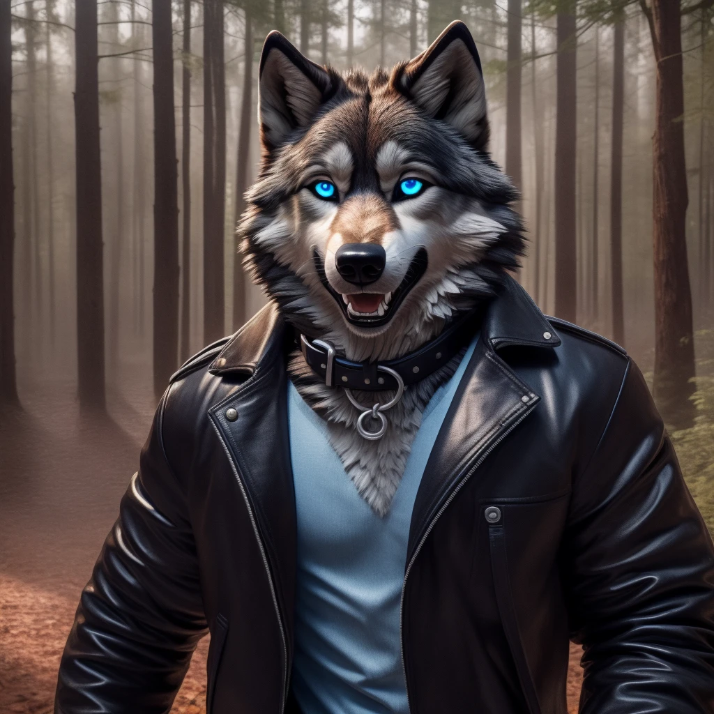 Male, 30 years old, cute, eyeliner, scared expression, hanging mouth open, black leather jacket, anthro, wolf ears, (black fur:1.5), wolf, forest background, 8k, hi res, (best quality, masterpiece), (wolf tail:1.5), detailed fur, solo, leash and collar, blue jeans, blue eyes,