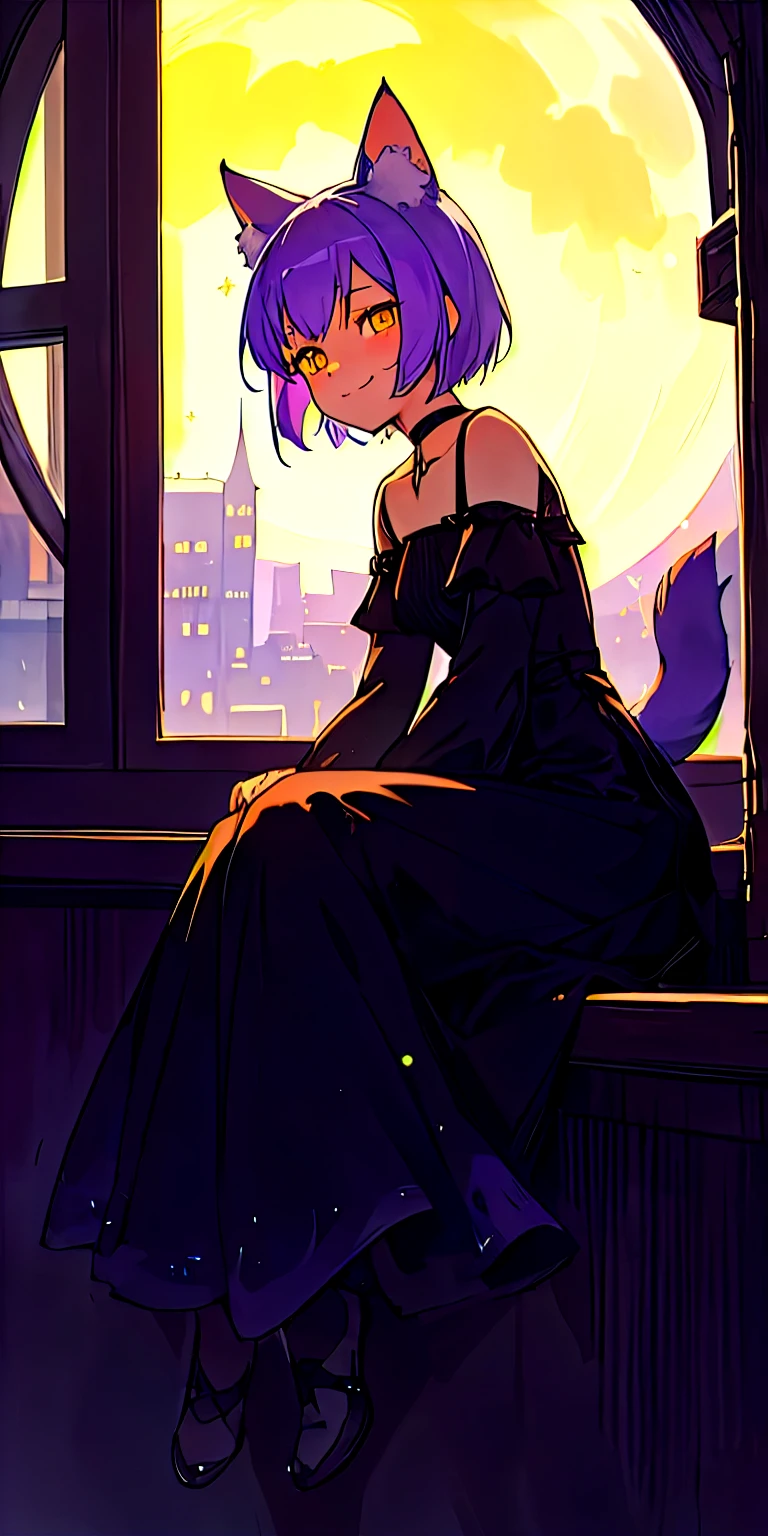 Generate a highly detailed image in fantasy anime style, a girl with short lavender hair and car ears is sitting on a windowsill, looking out of the window on the city at night time. The moon and stars are visible and bright, dreamy, fantasy vibe. There is an orange cat sitting next to the girl. The girl is wearing cute black long dress, a black choker, she does not have a tail. There is a subtle smile on girl's face. The image is highly detailed, masterpiece quality, fantasy Deviantart style.
