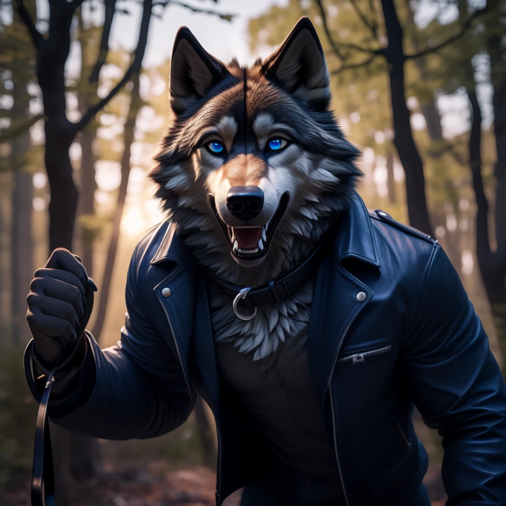 Male, 30 years old, cute, eyeliner, scared expression, hanging mouth open, black leather jacket, anthro, wolf ears, (black fur:1.5), wolf, forest background, 8k, hi res, (best quality, masterpiece), (wolf tail:1.5), detailed fur, solo, leash and collar, blue jeans, blue eyes,