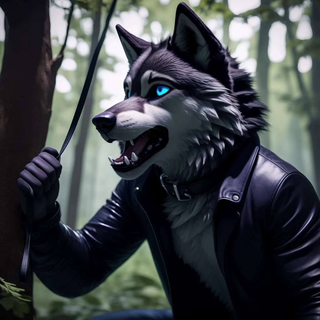 Male, 30 years old, cute, eyeliner, scared expression, hanging mouth open, black leather jacket, anthro, wolf ears, (black fur:1.5), wolf, forest background, 8k, hi res, (best quality, masterpiece), (wolf tail:1.5), detailed fur, solo, leash and collar, blue jeans, blue eyes,