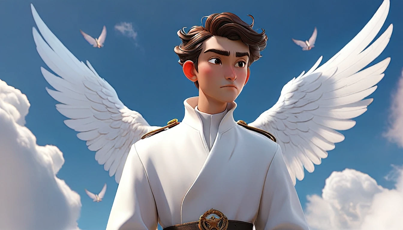 Man dressed in white and with wings over the sky 