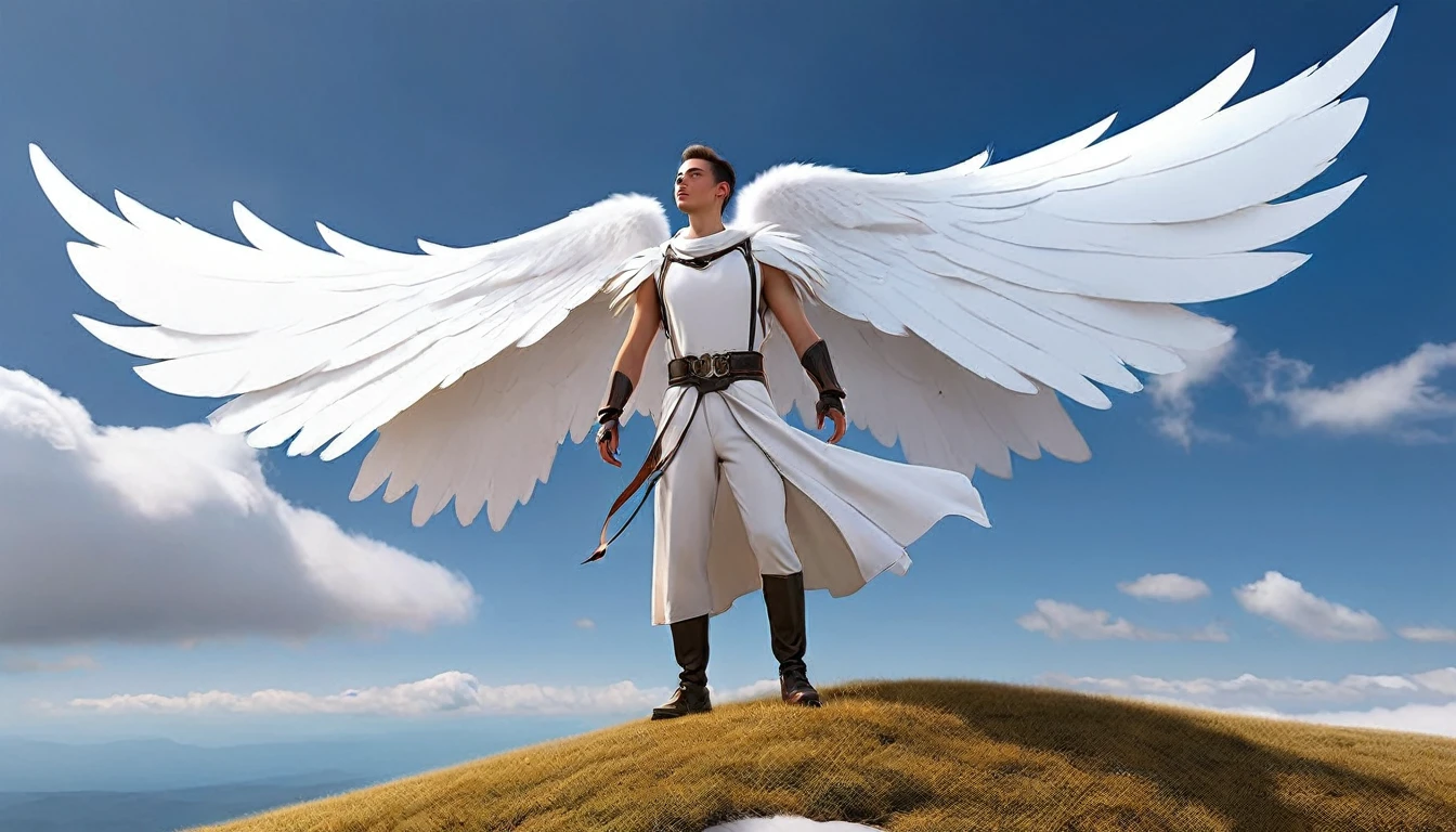 Man dressed in white and with wings over the sky