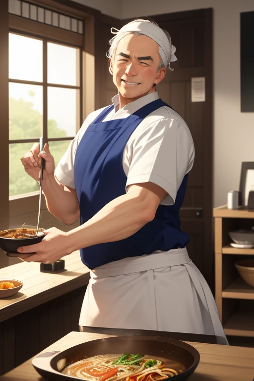 anime style, super fine illustration, highly detailed, dynamic angle, beautiful detailed, 8K, On a summer afternoon in a ramen shop, BREAK a old men ,docter , is cooking ramen deliciously with a smile on his face. BREAK The steaming ramen and the slight sweat on his face show his satisfaction.White,headband,masterpiece,best quality,super detailed,ass pov