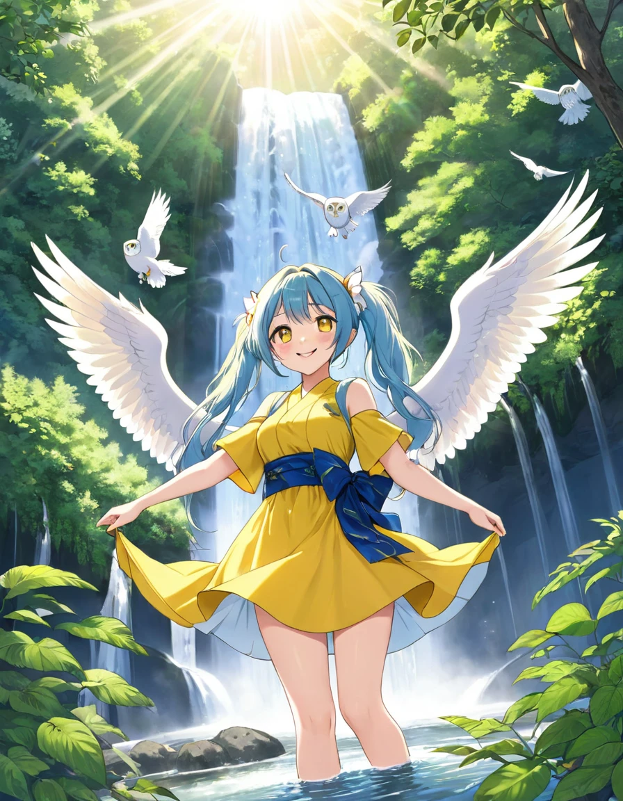 Sexy beauty,Beautiful Japanese Landscape、Big waterfall,Sunlight shines through the green leaves、Yellow half dress、Light blue long hair、Beautiful girl with twin tails、Look up at the sky、Bright smile、white owl flying
