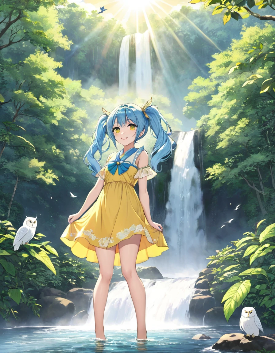 Sexy beauty,Beautiful Japanese Landscape、Big waterfall,Sunlight shines through the green leaves、Yellow half dress、Light blue long hair、Beautiful girl with twin tails、Look up at the sky、Bright smile、white owl flying