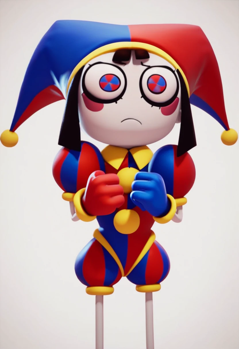 pomni, 1girl, solo, circus background red eyes, gloves, hat, white background, closed mouth, short sleeves, puffy sleeves, puffy short sleeves, frown blush stickers, red gloves, clenched hands, facepaint, jester cap, 3d, source