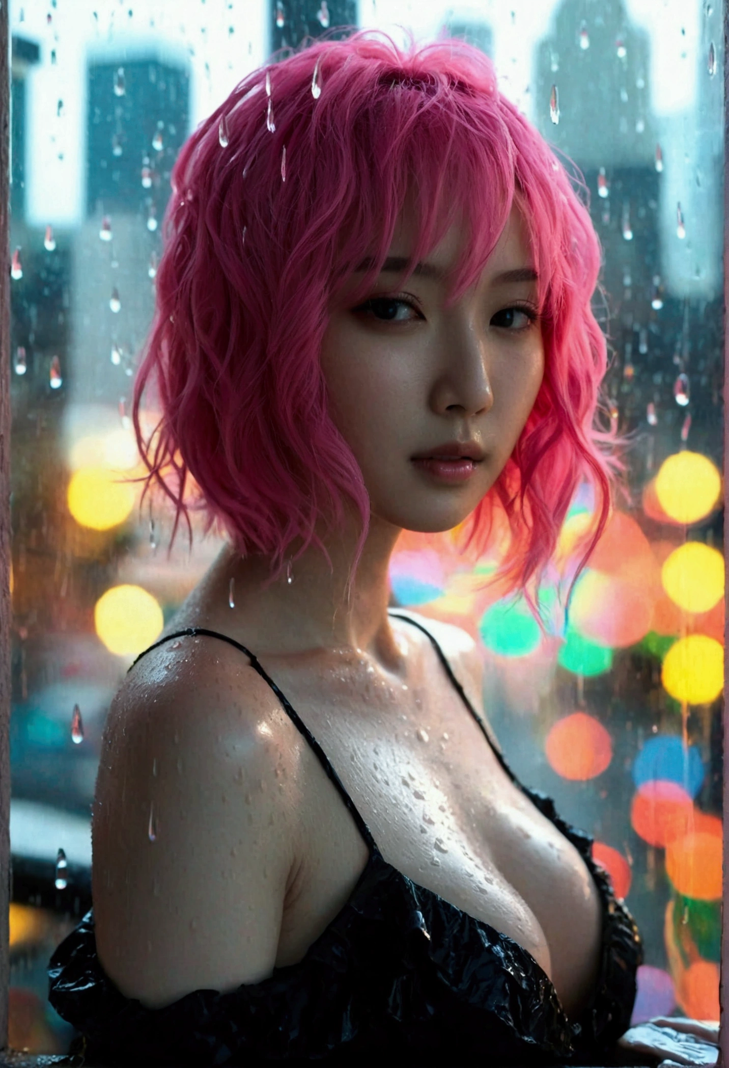 Black Dress posing for photo、 Model pose、Bold Pose、Beautiful Asian Girl、Japanese Girls、Cute girl slim face、young woman、short hair、(Pink Hair:1.1)、Sakimi-chan、((Highest quality、8K、masterpiece:1.3))、concentrated:1.2、Perfect Body Beauty:1.4、Butt:1.4、((Layered Haircut、Beautiful breasts:1.2))、(Wet clothes:1.1)、(rain、street:1.3)、Off the shoulder、See-through dress;1.3、Bandeau dress:1.1、Highly detailed face and skin texture、Delicate eyes、double eyelid、 White skin、Long Hair、(shut up:1.3)、rain上がり、(empty rainbow:1.1)、(Black Dress:1.2)、Gorgeous Manhattan skyline