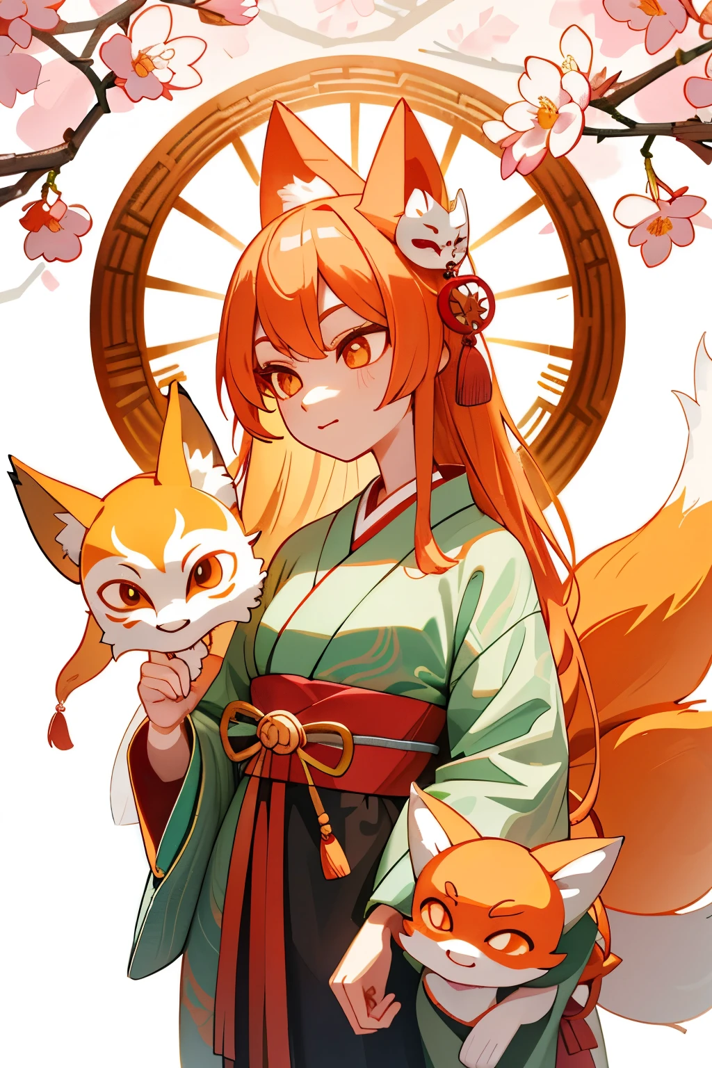 Kitsune, a mystical fox spirit with four tails, gracefully dons a traditional Japanese kimono. The intricate design of the kimono is rich in color, adorned with cherry blossoms and cranes, symbolizing longevity and happiness. The kitsune accessorizes the outfit with a matching obi belt, expertly tied in a complex knot. On their face, a handcrafted wooden mask conceals their features, leaving only two beaming, intelligent-looking fox eyes visible. The mask is intricately carved with kitsune motifs, adding an air of mystery and enchantment to the spirit.