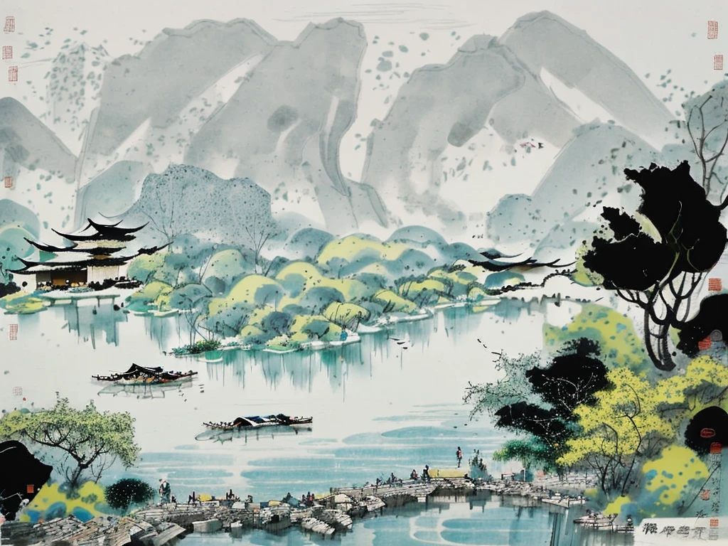 A pavilion by the water，Rich in artistic conception，Ink Painting，Chinese painting，Chinese pavilion，willow，Quiet，willow茂密