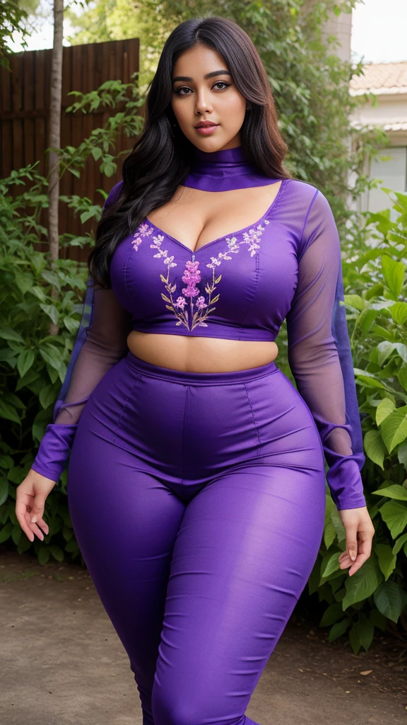 south Indian beautiful woman sexy curvy plus size model wearing different random color skin tight Bollywood Blush Banarasi Dress, eye contact camera view, curvy plus size big hour glass bulky huge figure, big m-cup bulky huge breasts, different style hairstyle, bright eyes, thin eyebrows, fair skin, blushing cheeks, prefect head to thigh close up view, Eden Seraphim Gardens background and location, Dreamcatcher Delight Embroidery, ultra realistic skin texture, head to thigh close up view, smile face, shadow lighting effect, hijab