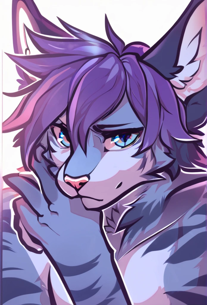 adult, feline, mammal, anthro, anthromorphic, cat, striped, fur, furred_anthro, femboy, male, dark_blue, ear_tufts, paws, hair_tuft, hair_between_eyes, long_tail, fluffy, expressive_eyes, purple_hair, light, galaxy_fur, looking_at_viewer, light_blue_chest, shy, small_pupils, spotted_pattern, stripes, digital_art, high_resolution, high_res, background shy, head_visible, neck_visible, profile_picture, seductive_face, white_outline, angry_expression