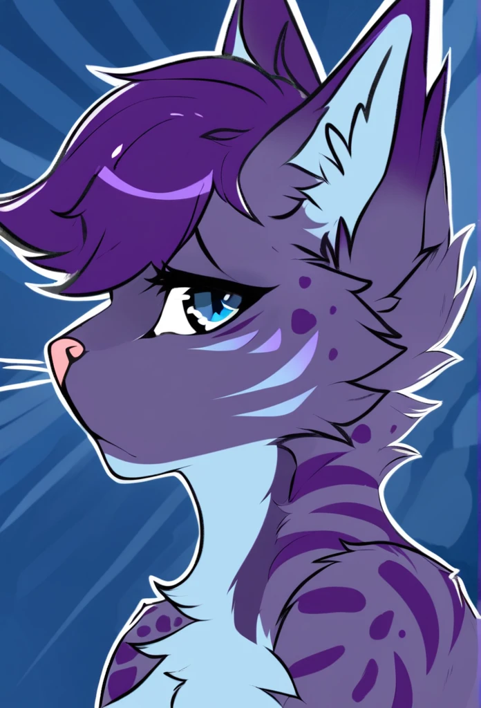 adult, feline, mammal, anthro, anthromorphic, cat, striped, fur, furred_anthro, femboy, male, dark_blue, ear_tufts, paws, hair_tuft, hair_between_eyes, long_tail, fluffy, expressive_eyes, purple_hair, light, galaxy_fur, looking_at_viewer, light_blue_chest, shy, small_pupils, spotted_pattern, stripes, digital_art, high_resolution, high_res, background shy, head_visible, neck_visible, profile_picture, seductive_face, white_outline, angry_expression